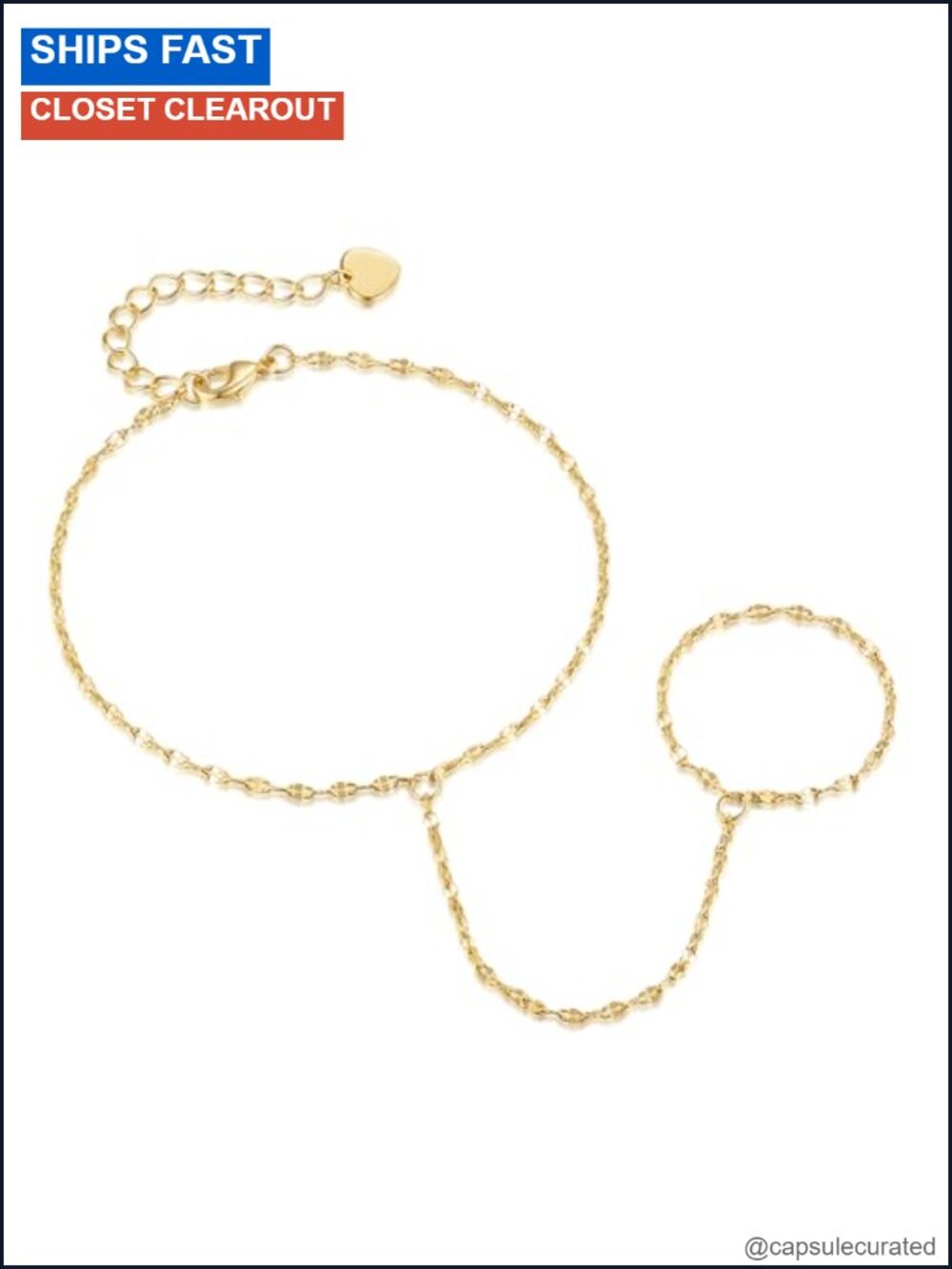 14K Gold Plated Hand Chain Bracelet with Rings for Women